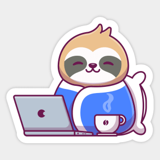 Cute Sloth Wearing Blanket With Laptop And Coffee Sticker